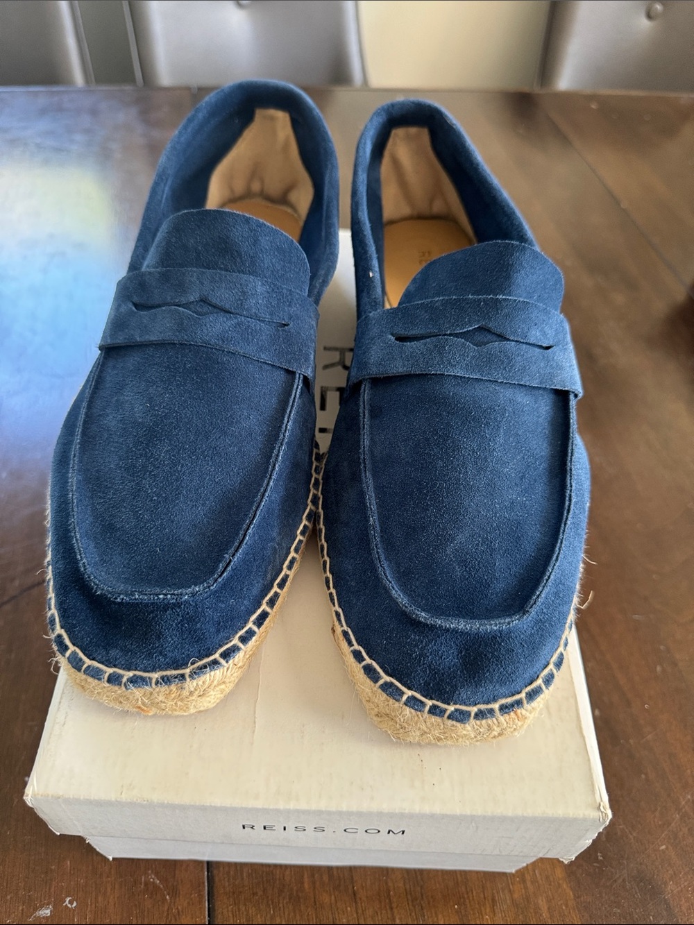 Reiss Navy Suede Penny Loafers with Espadrille Sole